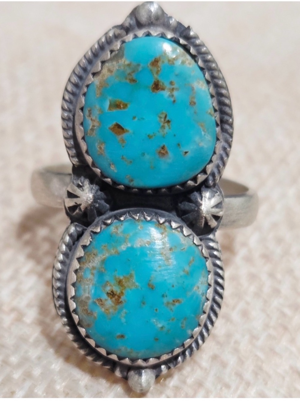 Double Turquoise Statement Ring in Silver-Tone Setting
